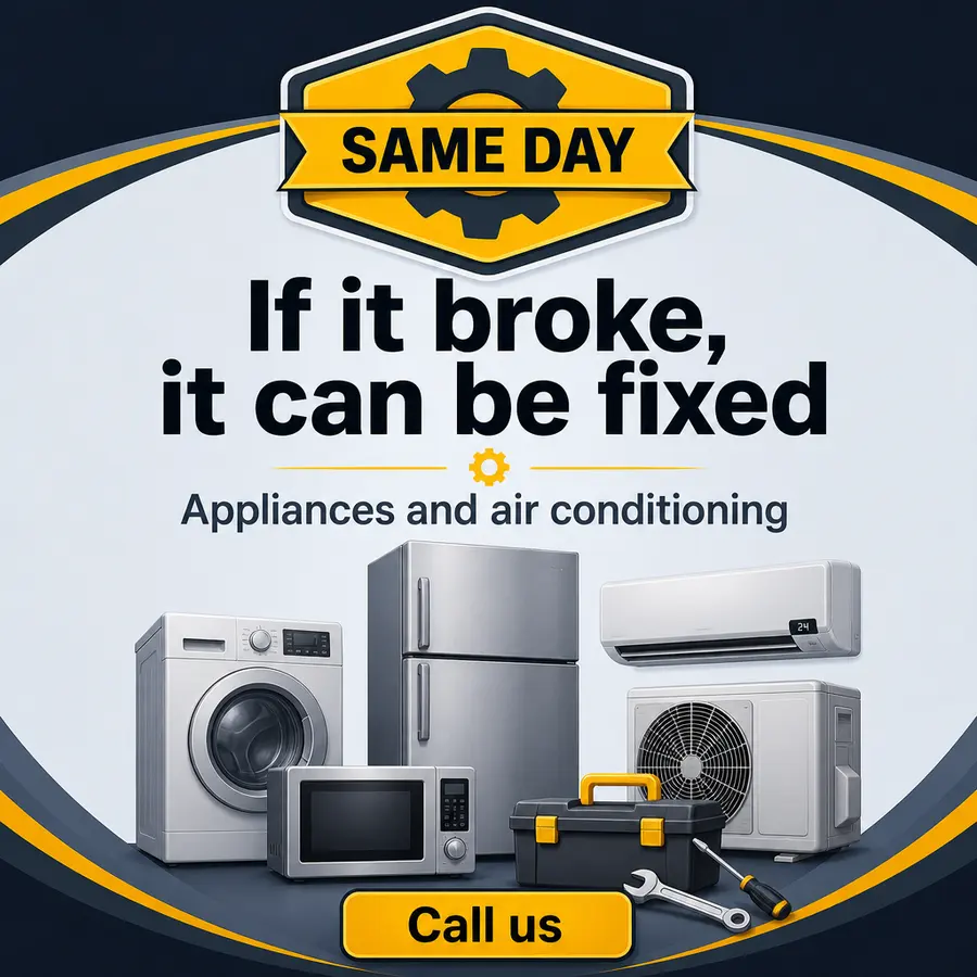 Poster for appliance and air-conditioning repair: washing machine, AC unit, fridge and a toolbox