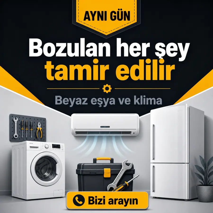 Beyaz eşya ve klima onarımını anlatan afiş: çamaşır makinesi, klima, buzdolabı ve alet çantası