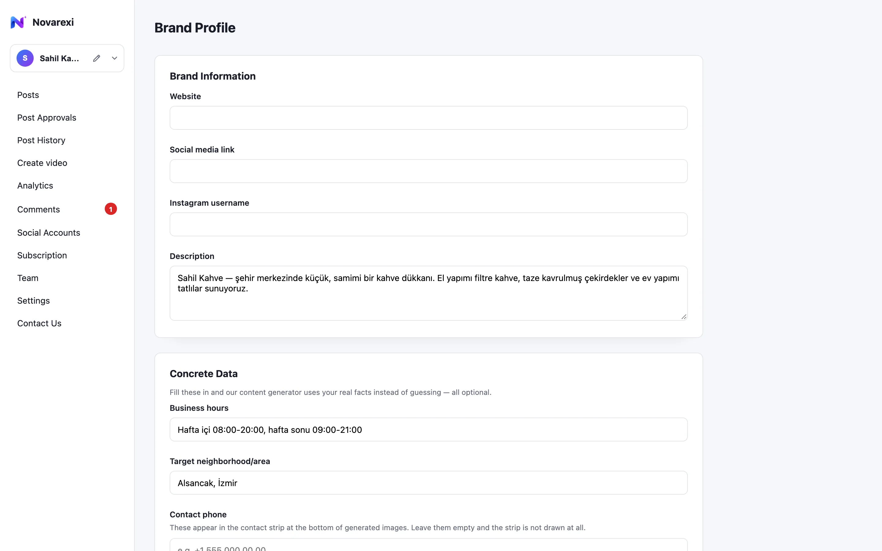 Tone, target audience, themes, and color palette extracted in the Brand Profile screen