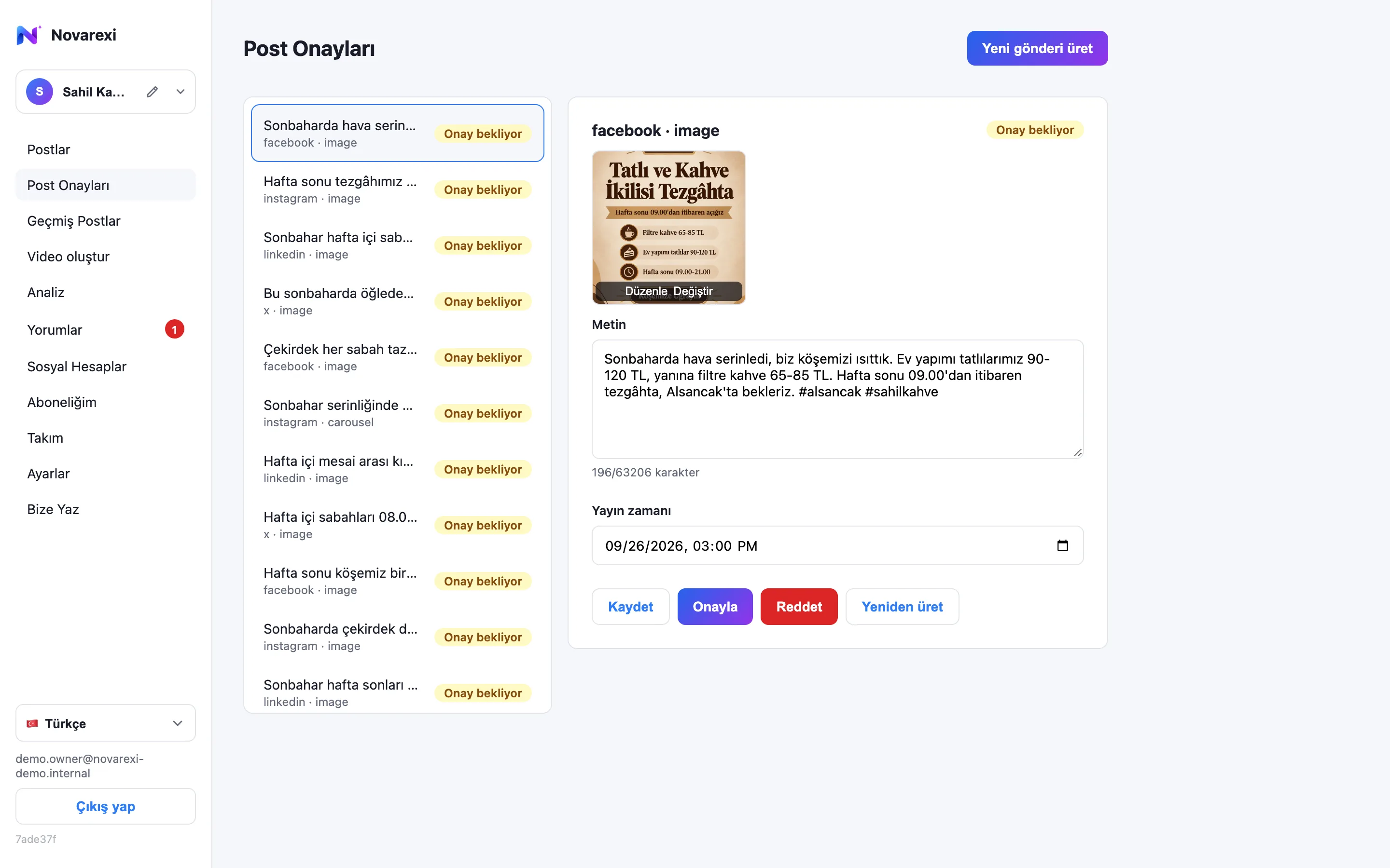 Post Onayları ekranında yapay zekanın ürettiği bir carousel içeriğin incelenmesi