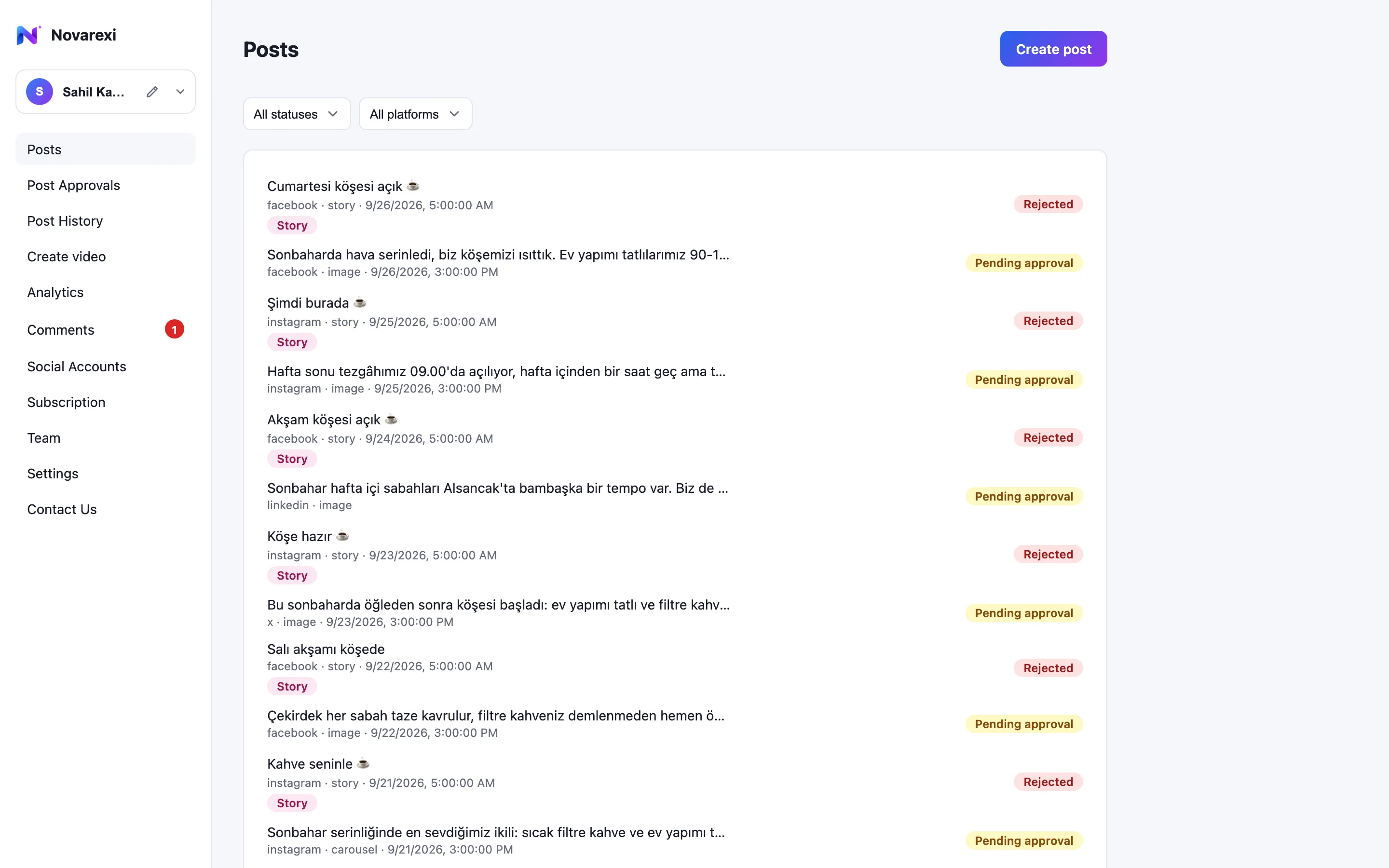 Content in different states (pending approval, approved, scheduled, published) in the Posts screen