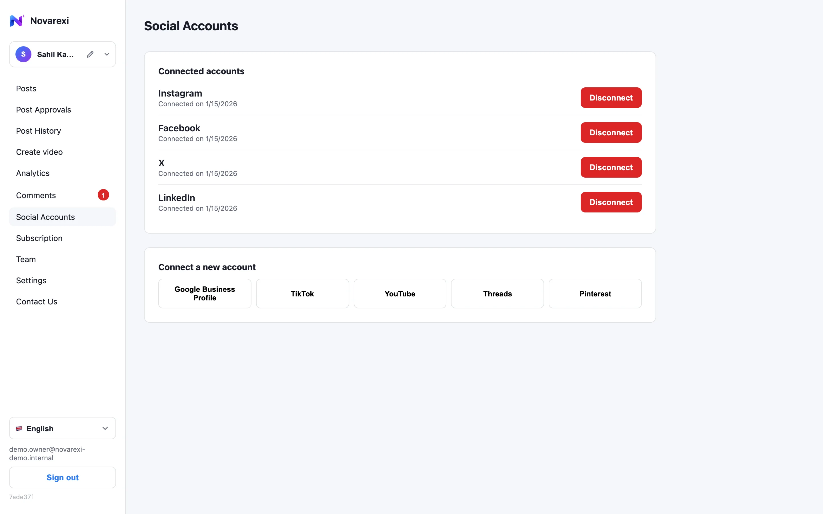 Connected Instagram, X, Facebook, and LinkedIn accounts in the Social Accounts screen