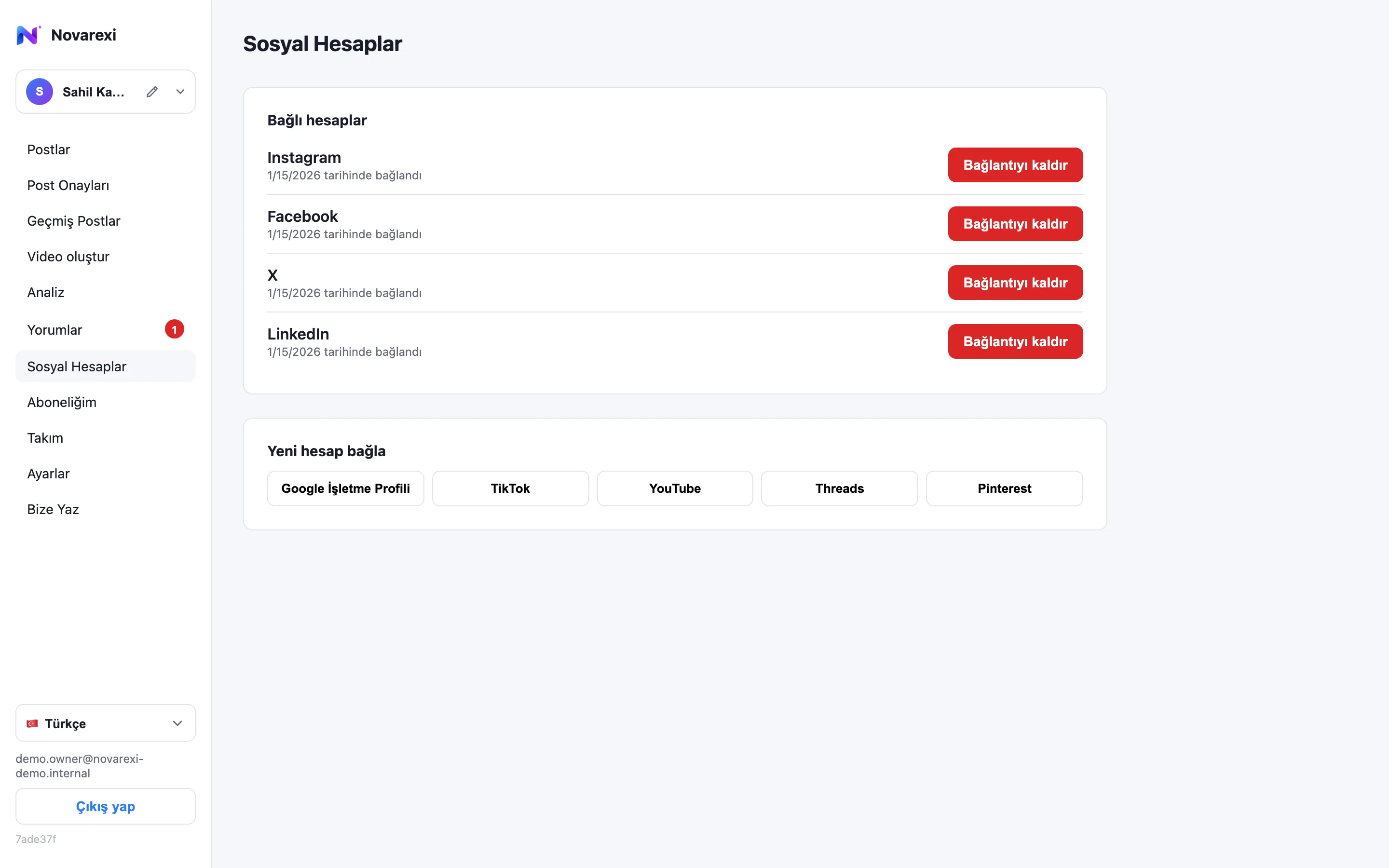 Sosyal Hesaplar ekranında bağlı Instagram, X, Facebook ve LinkedIn hesapları