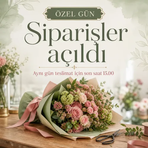 Çiçekçi özel gün afişi: hazırlanmış buket ve son sipariş saati bilgisi