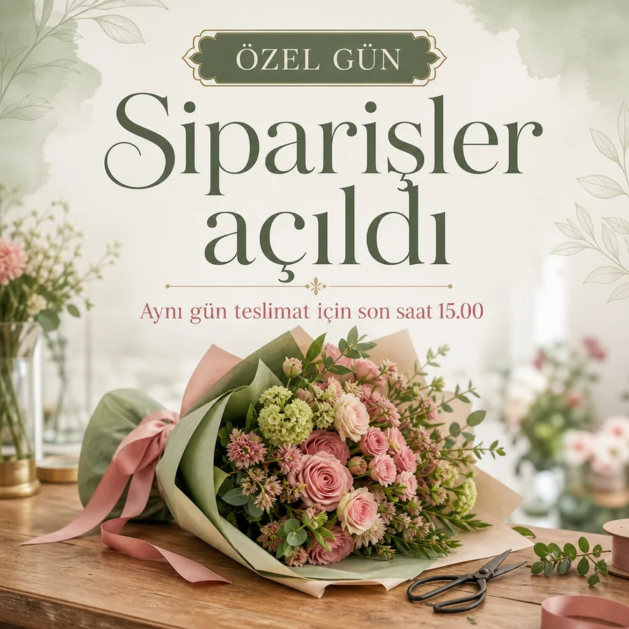 Çiçekçi özel gün afişi: hazırlanmış buket ve son sipariş saati bilgisi