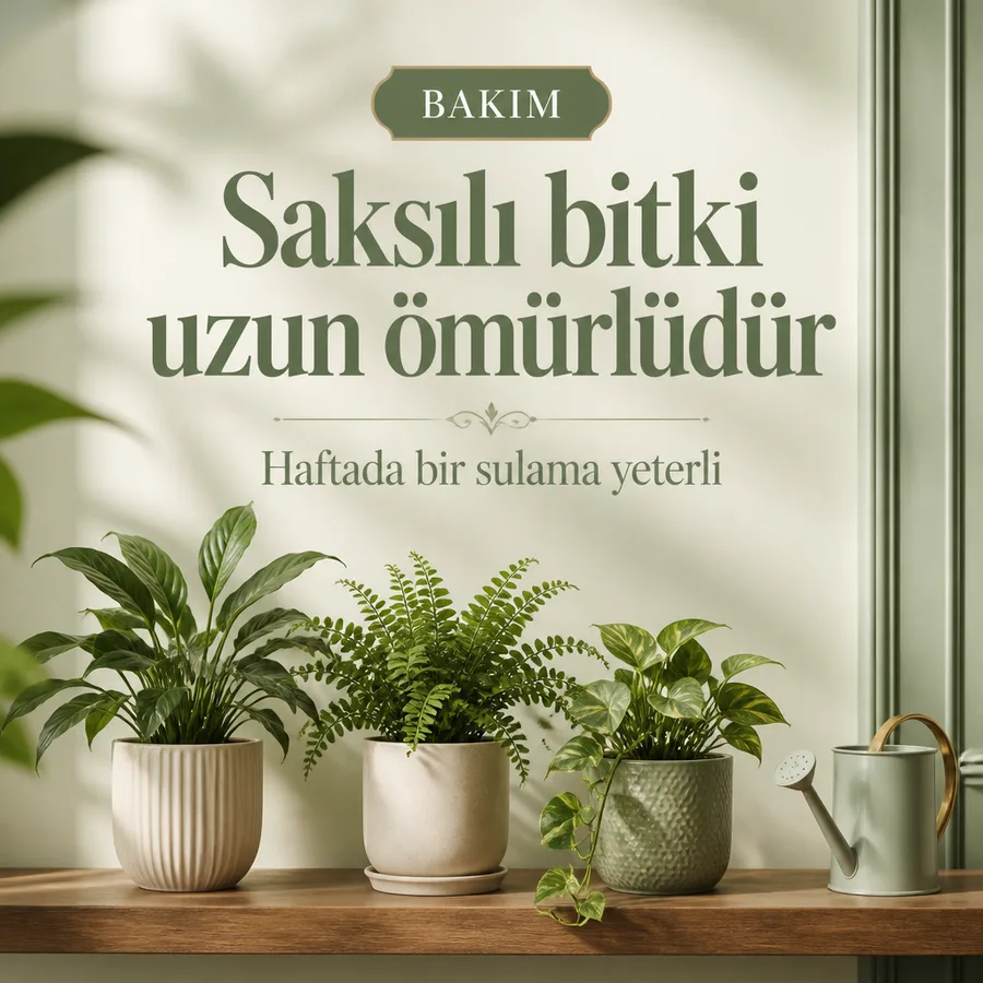 Saksılı bitki bakımı afişi: tezgâhta saksı bitkiler ve sulama notu