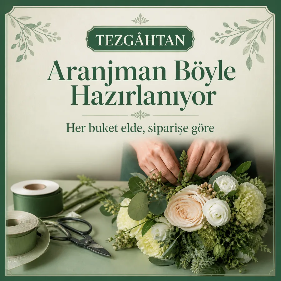Çiçekçi hazırlık afişi: tezgâhta buket toplayan eller, makas ve kurdele