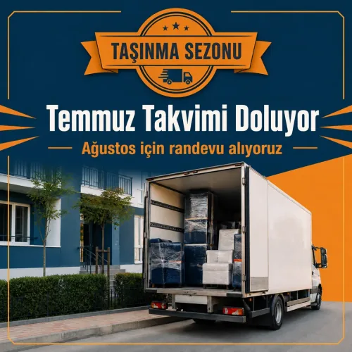 Nakliyat sezon afişi: battaniyeye sarılı eşyalarla yüklenmiş açık kasa nakliye aracı