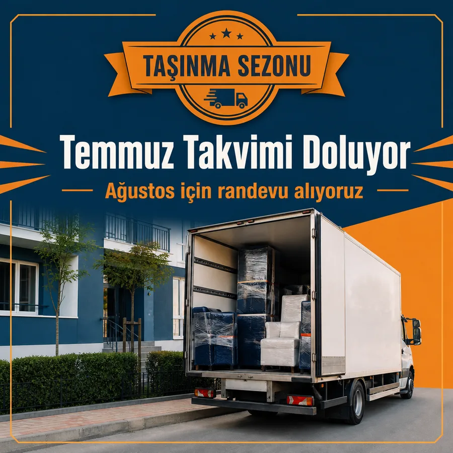 Nakliyat sezon afişi: battaniyeye sarılı eşyalarla yüklenmiş açık kasa nakliye aracı