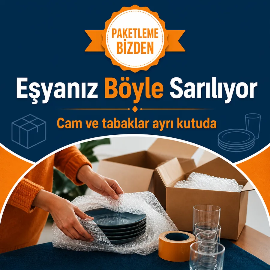 Nakliyat paketleme afişi: masada balonlu naylona sarılan tabaklar ve koli bandı