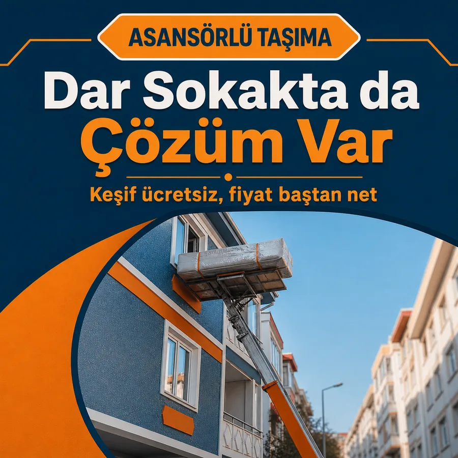 Nakliyat asansörlü taşıma afişi: üst kata uzatılmış mobilya asansörü ve sarılı koltuk