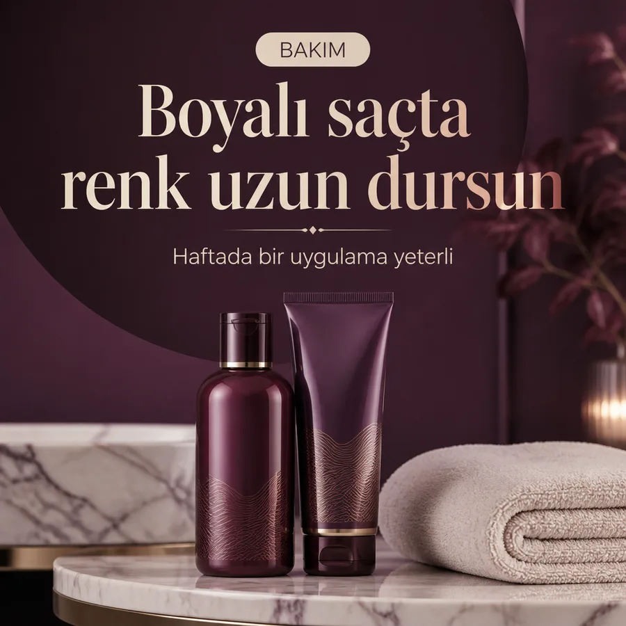 Saç bakım ürünleri afişi: tezgâhta bakım şişeleri ve havlu