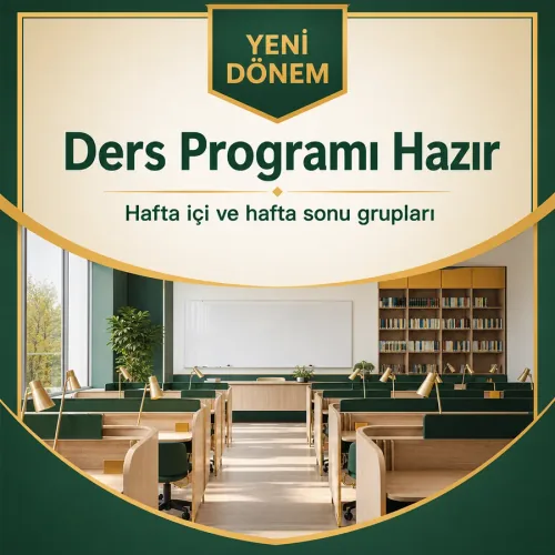 Kurs merkezi dönem afişi: boş çalışma salonu, bireysel masalar ve beyaz tahta