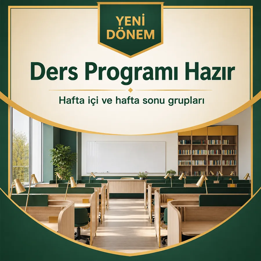 Kurs merkezi dönem afişi: boş çalışma salonu, bireysel masalar ve beyaz tahta