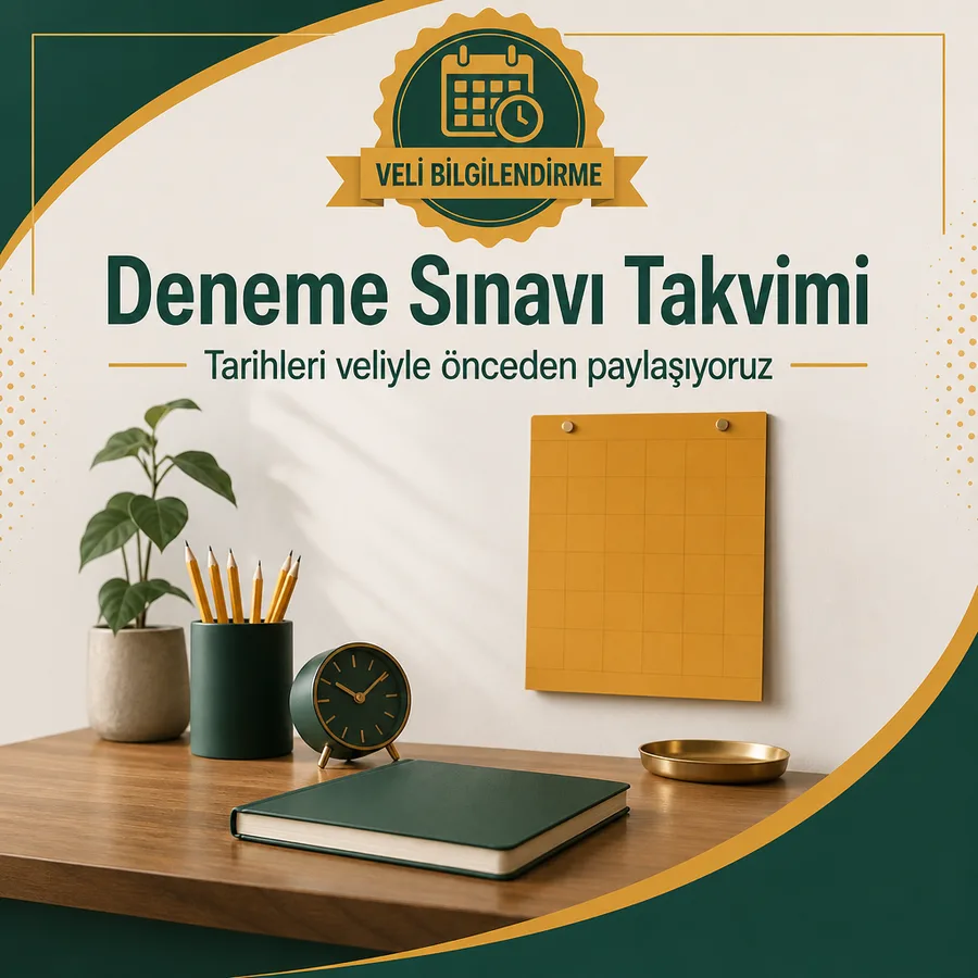 Veli bilgilendirme afişi: masada defter, kalemler, saat ve duvar takvimi