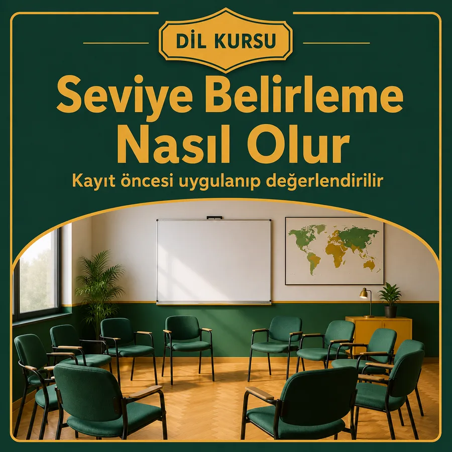 Dil kursu afişi: boş dil sınıfı, yarım daire sandalyeler ve beyaz tahta