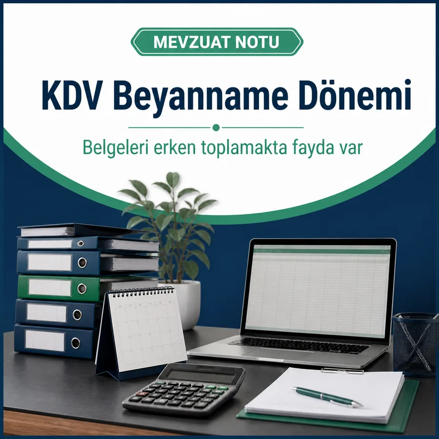 Mali müşavir bilgilendirme afişi: düzenli dosyalar, hesap makinesi ve masa takvimi