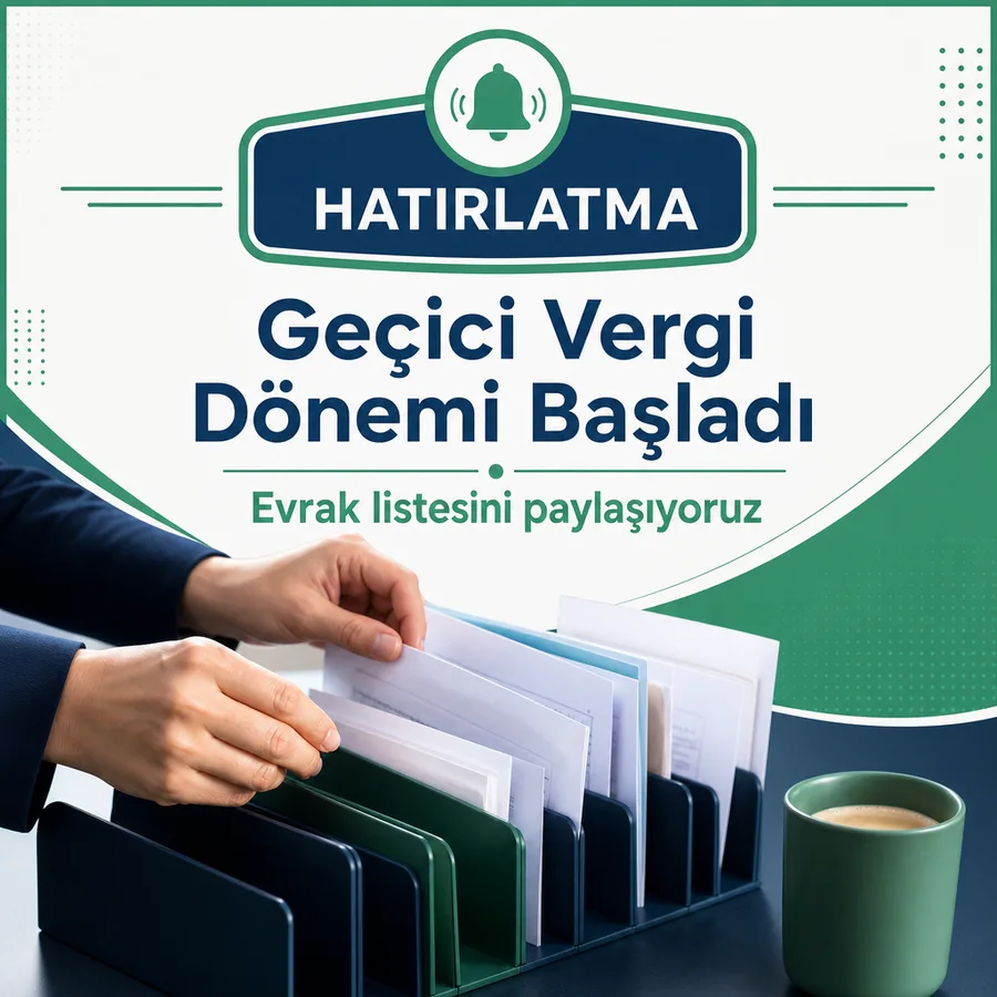 Mali müşavir hatırlatma afişi: masada evrak düzenleyiciye yerleştirilen faturalar