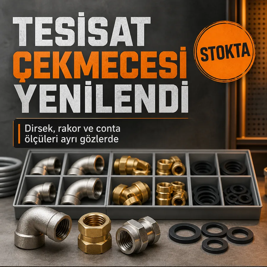 Nalbur tesisat malzemesi afişi: dirsek, rakor ve conta çeşitleri tezgâhta