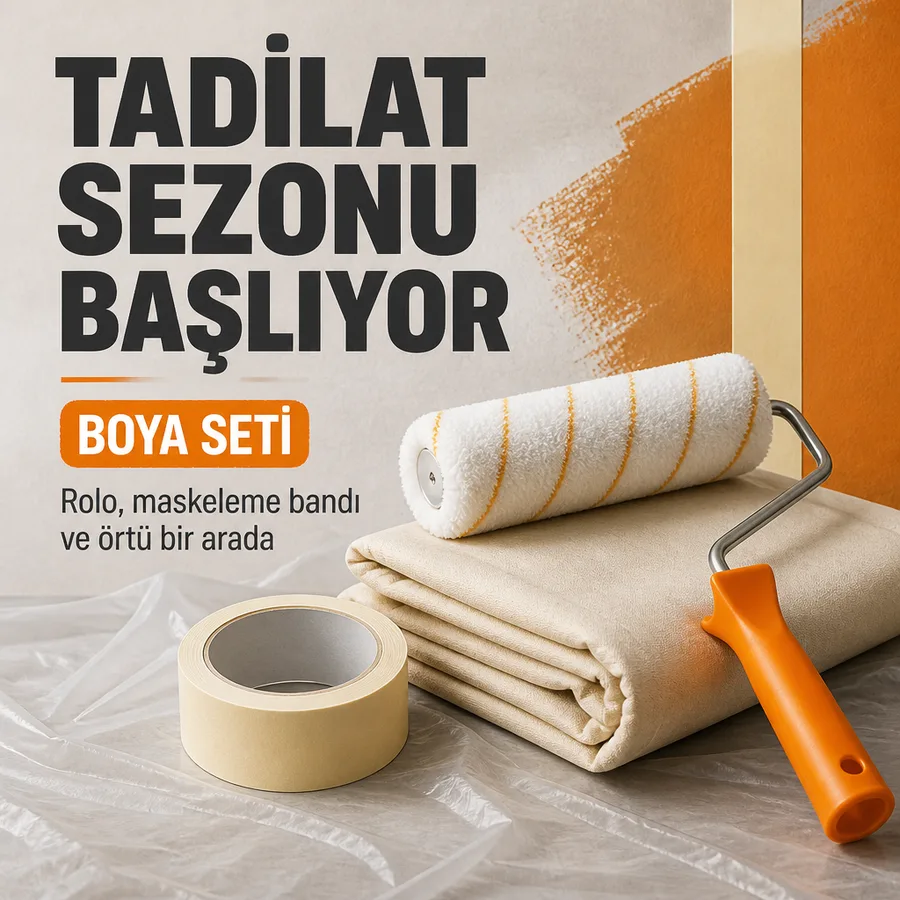 Boya ve tadilat malzemesi afişi: rulo, maskeleme bandı ve örtü seti