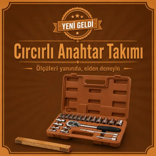 Nalbur ürün afişi: tezgâhta açık cırcırlı anahtar takımı ve yanında metre