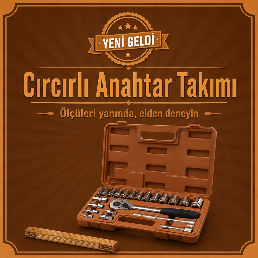 Nalbur ürün afişi: tezgâhta açık cırcırlı anahtar takımı ve yanında metre