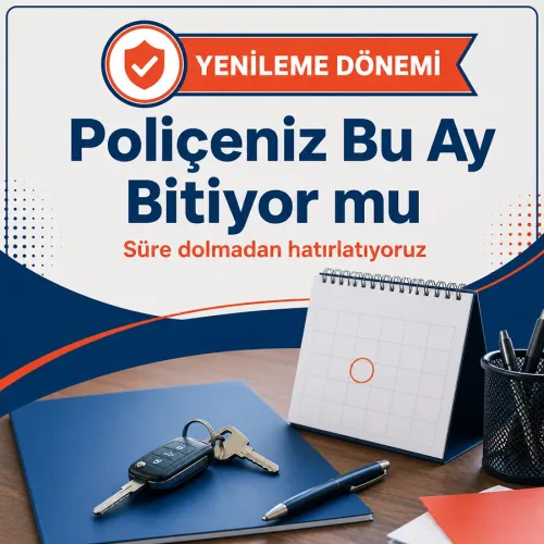 Sigorta yenileme afişi: işaretli takvim, araç ve ev anahtarı, dosya