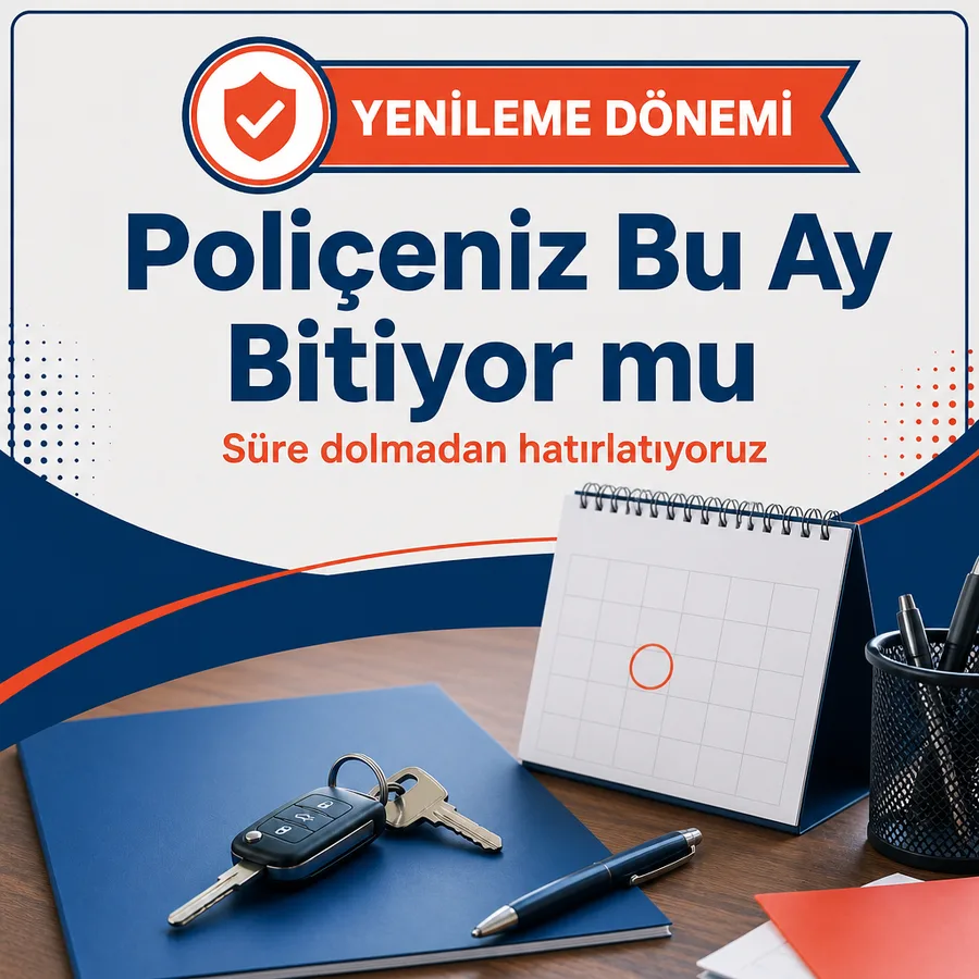 Sigorta yenileme afişi: işaretli takvim, araç ve ev anahtarı, dosya