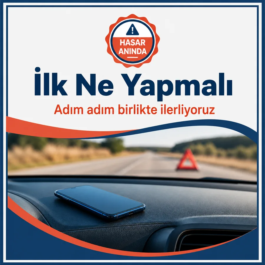 Hasar anı bilgilendirme afişi: araç torpidosunda telefon, yolda reflektör üçgen