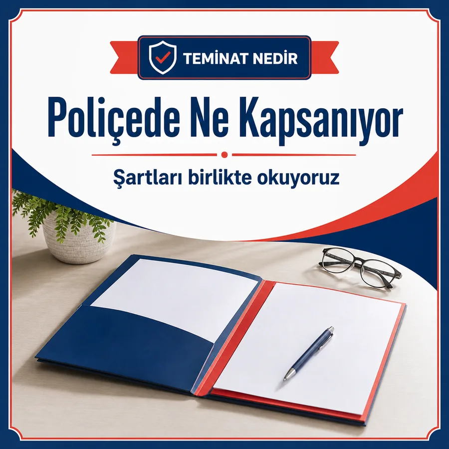 Teminat bilgilendirme afişi: masada açık poliçe dosyası, kalem ve gözlük