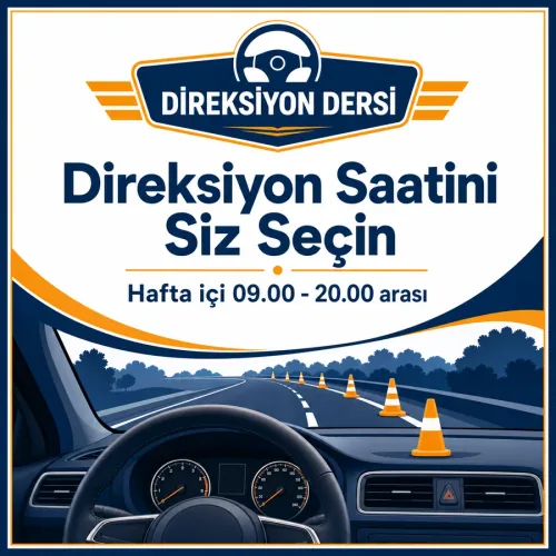 Direksiyon dersi afişi: araç içinden görünen yol ve trafik konileri