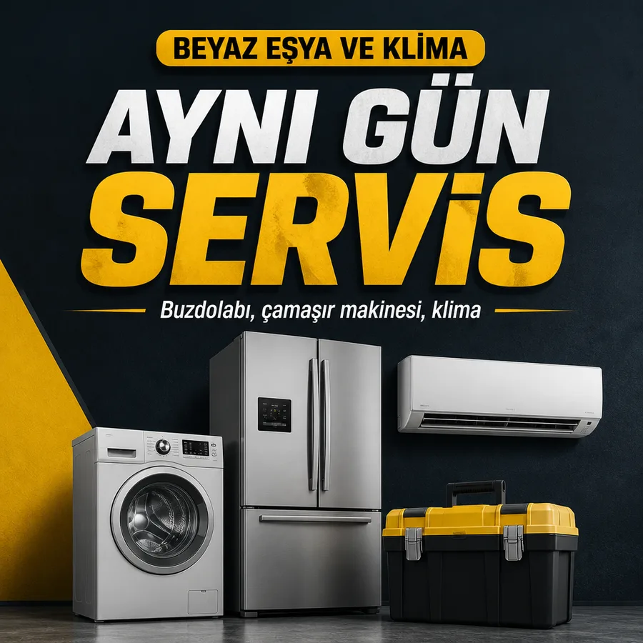 Beyaz eşya ve klima servisi afişi: çamaşır makinesi, klima ve alet çantası