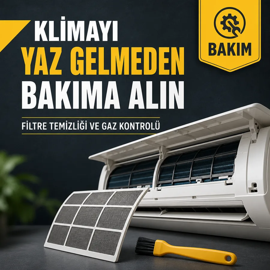 Klima bakımı afişi: sökülmüş klima filtresi ve temizlik ekipmanı
