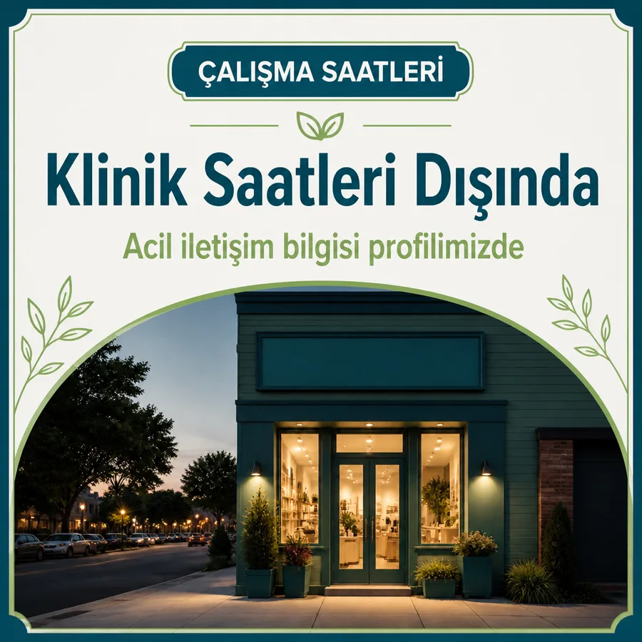 Veteriner çalışma saatleri afişi: akşam saatinde klinik girişi ve ışıklı cam kapı